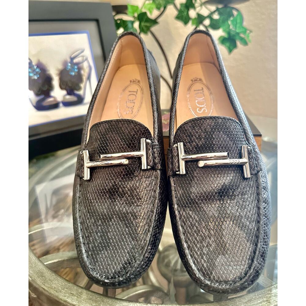 TOD'S Gommino Sliver Double T Leather Python Snake Effect Driving Shoes US 8‎ 38